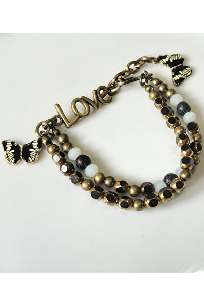 THİNBLACK سوار – تصميم برونزي مع نقش الفراشة وكتابة LOVE، مزين بأحجار كريستالية سوداء