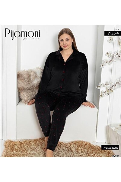 Pijamoni 7155 طقم بيجامة قميص مخملي أسود بقلب أحمر وأزرار ورباط عند الأكمام
