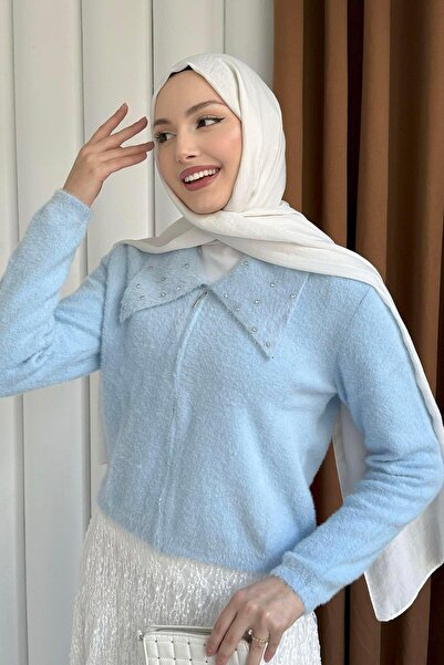 Modaensarbutik Yaka Taş Detaylı Fermuarlı Triko Hırka-BEBE MAVİ