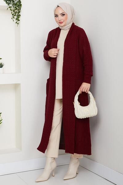 hafsamina Şal Yaka Salaş Triko Hırka Bordo HM2248