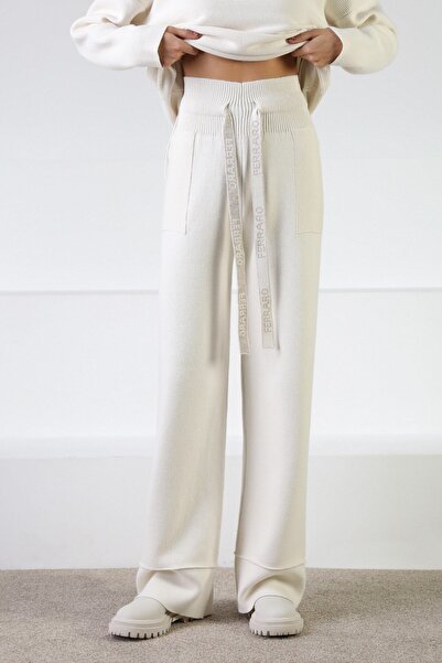 Ferraro Ecru Belted Pocketed Cashmere Women's Knitwear Trousers