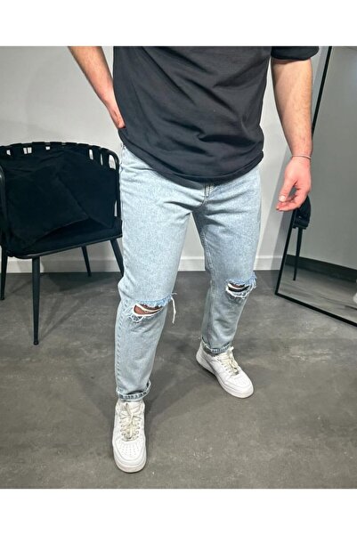 TUA MODA Tua Moda Men's Ice Blue Ripped Detailed Boyfriend Fit Jeans
