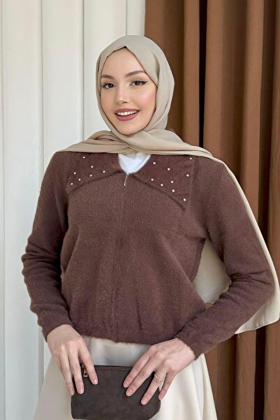 Modaensarbutik Yaka Taş Detaylı Fermuarlı Triko Hırka-KAHVERENGİ
