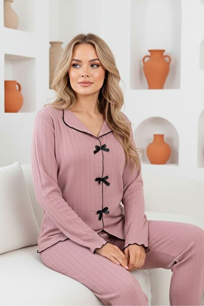 Erva pijama giyim İNTERLOK KUMAŞLI fiyonklu kadın pijama takımı
