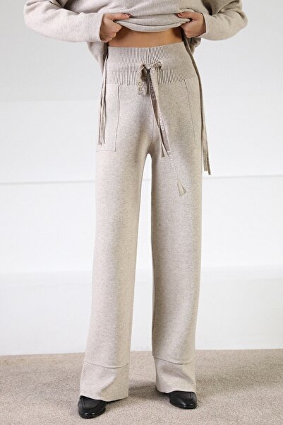 Ferraro A.Beige Women's Cashmere Knitwear Trousers with Belted Pockets