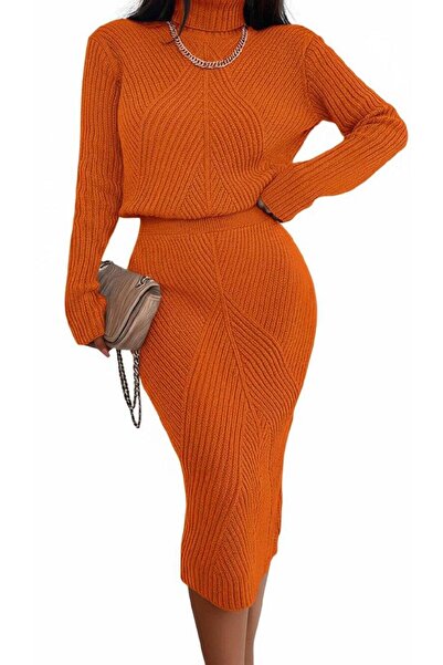 Miss Poem Orange Color Knitted Patterned Knitwear Dress Set