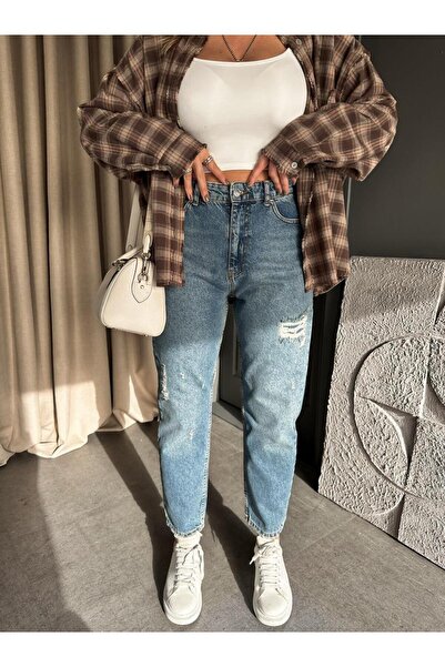 Zerrincan Giyim Mavi Yırtık Parçalı Mom Jean