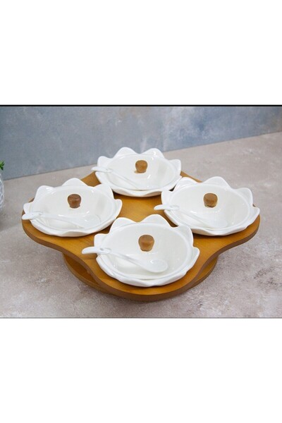Mondecor Bambu Tepsili 4'lü Porselen Kaşıklıklı Kahvaltılık Servis Sunum Seti
