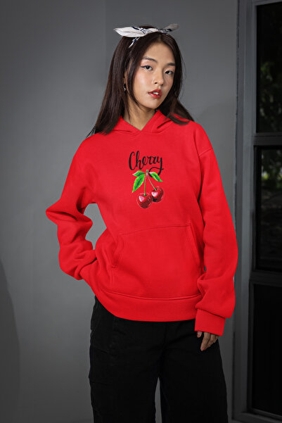 MG Cherry Cherry Printed Cotton Long Sleeve Sh Fleece-Lined 3 Yarn Hooded Wom...