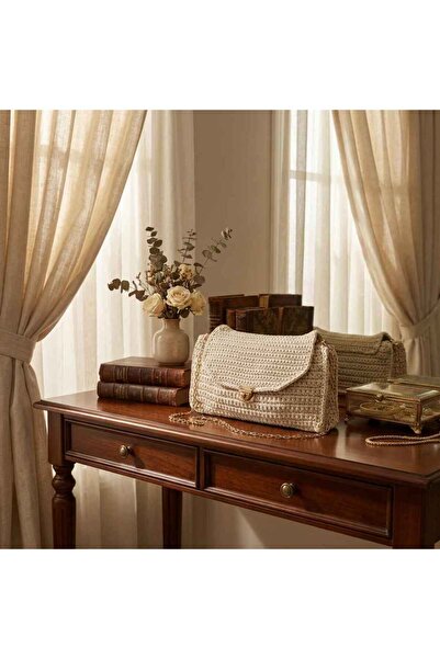 YASMİNEL Polyester Macrame Bag Two Compartments with Gold Chain and Lock