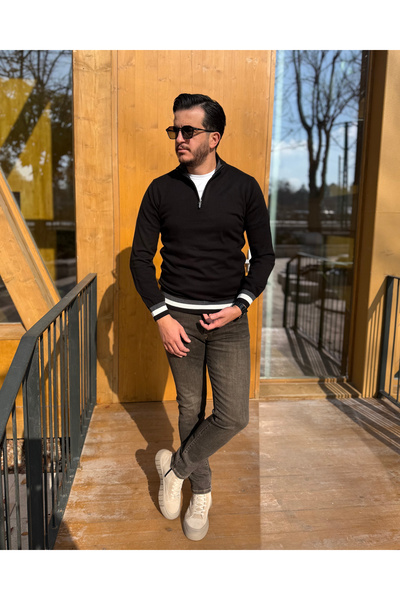 Avni Ceylan Pulover tricotat premium pentru bărbați, cu jumătate de fermoar ș...