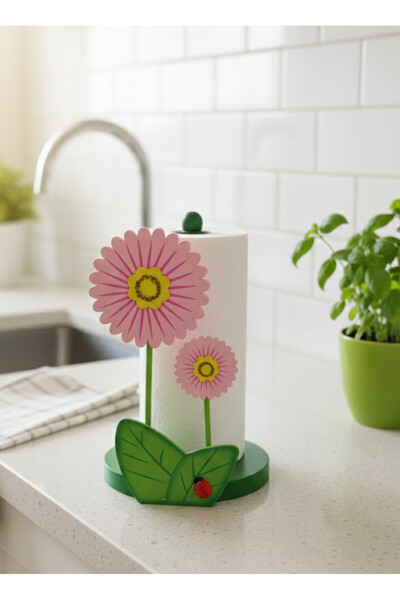 abnturk Ahşap 2 Çiçekli El işi Oymalı Elde Boyamalı Papatya Kağıt Havluluk De...