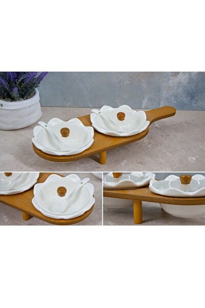 Mondecor Bambu Tepsili 2'li Porselen Kaşıklıklı Kahvaltılık Servis Sunum Seti