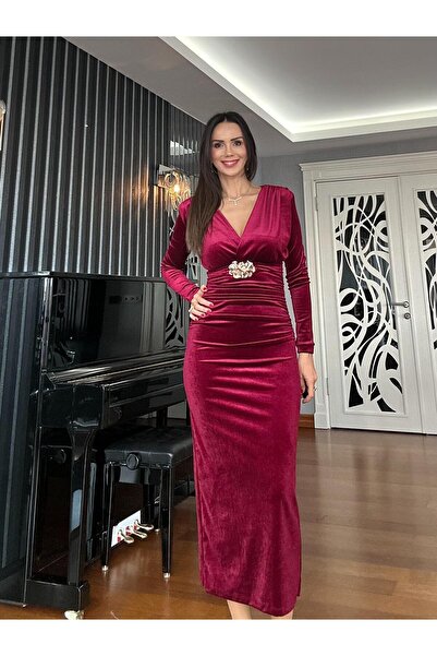 khar Μακρύ βελούδινο φόρεμα με κορδόνι σε μπορντό χρώμα