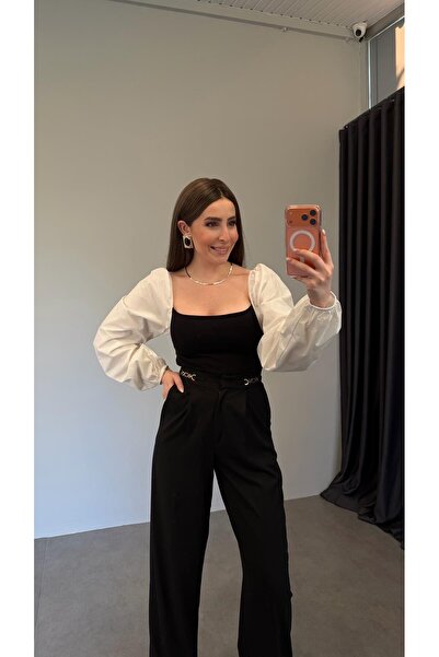 elif teke Balon Kollu Bodysuit Siyah