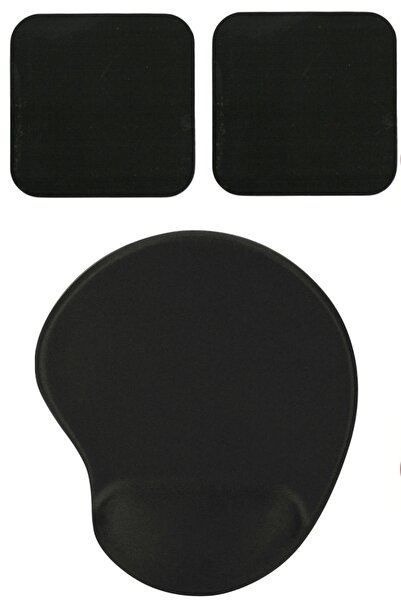 usin لوحة ماوس بيضاوية الشكل بلون أسود موحد مع مسند للمعصم + طقم من قطعتين من حامل الأكواب الأسود
