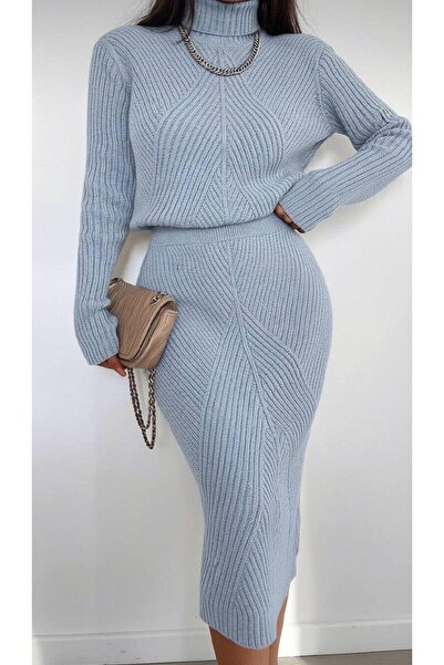 Miss Poem Blue Color Knitted Patterned Knitwear Dress Set