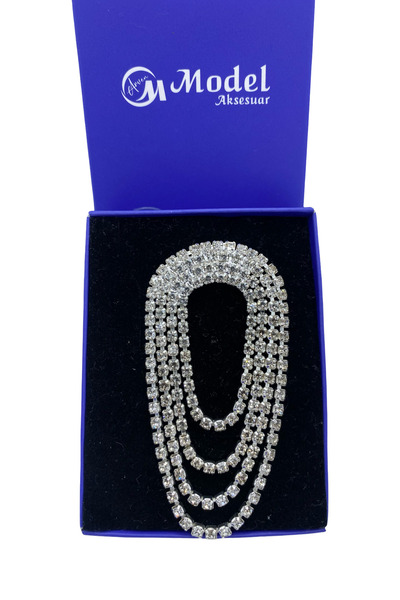 model aksesuar Özel Tasarım Ovel Zirkon Taşlı Sallantılı Silver Broş