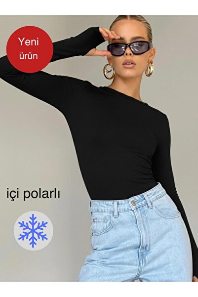 glanour بلوزة نسائية سوداء برقبة دائرية وتفاصيل أنيقة على الأصابع، مبطنة بالفرو من الداخل