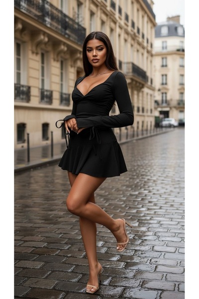 Qvien Secret Romantik Siyah Uzun Kol V Yaka Elbise