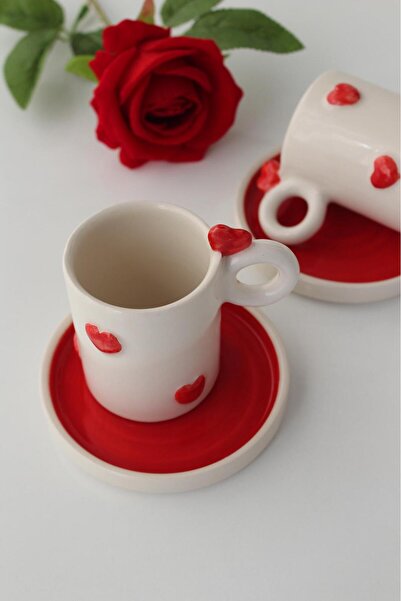Dİ TAZZA EL YAPIMI 2 KİŞİLİK 4 PARÇALI KALP TASARIM KAHVE FİNCAN TAKIMI 110 ML.
