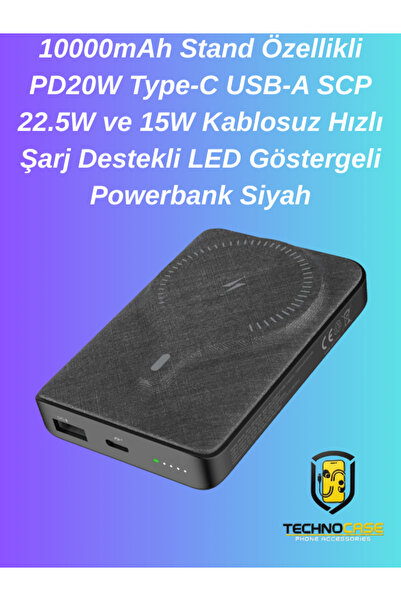 technocaseee 10000mAh Stand Özellikli PD20W Type-C USB-A SCP 22.5W ve 15W Kab...