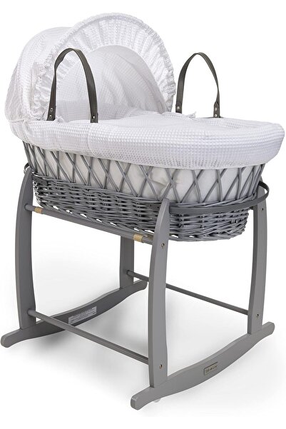 Mini Baby Clair de Lune Waffle Grey Wicker Moses Basket with Luxury Rocking Stand