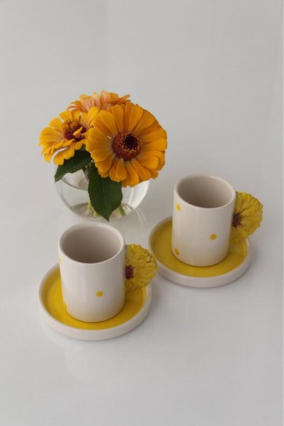 Dİ TAZZA Handmade 2 Person 4 Piece Sunflower Coffee Cup Set 110 Ml.