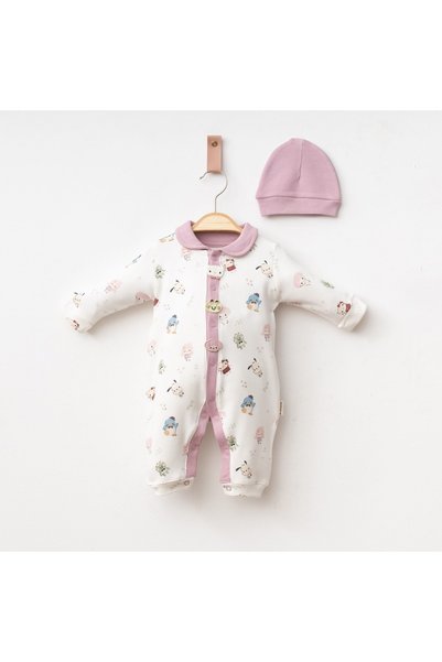 Kereminko Bebek Newborn Baby Girl Cotton Carnival Romper Without Booties with Snap Fasteners on the Front - Set of 2 with Hat