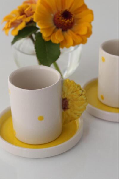 Dİ TAZZA Handmade 2 Person 4 Piece Sunflower Coffee Cup Set 110 Ml.