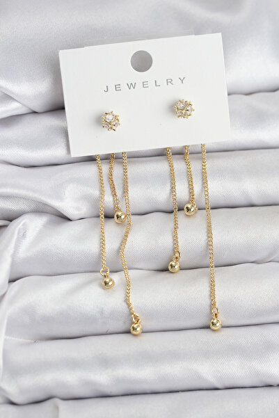 Epilons Topçuk Model Gold Color Brass Dangle Women's Earring Set - Tj-Bkp1146...