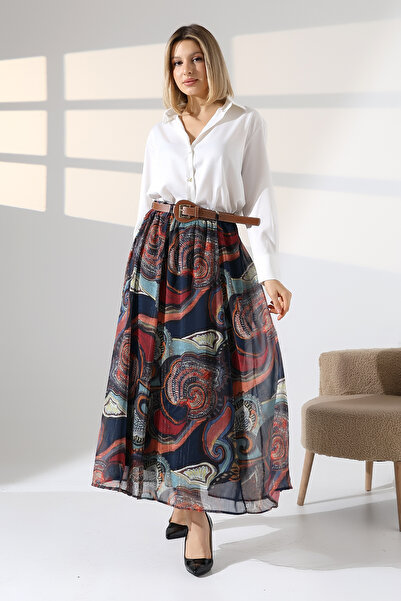 lubiti Shawl Patterned Glitter Chiffon Skirt – Long Model with Belt and Lining