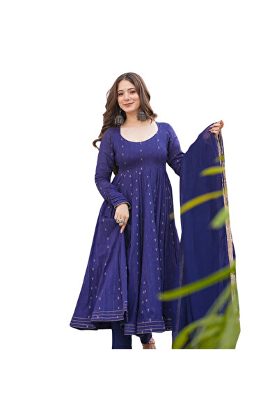 MYSMAR Blue Silk Gown Pent & Dupatta - RYC3013 | Blue