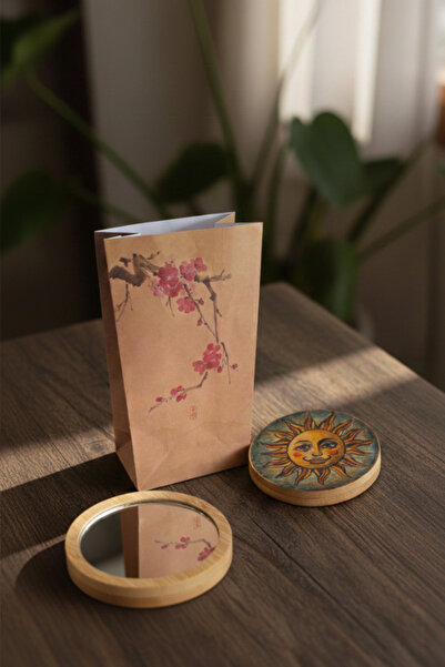 shop El Çizimi Güneş Desenli Ahşap Ayna ve Kiraz Çiçeği Baskılı Kraft Hediye ...