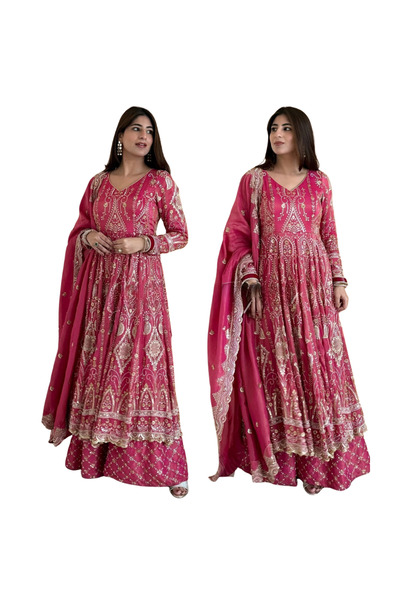 MYSMAR طقم سالوار كاميز ودوباتا من حرير شينان وردي - HRT3728 | وردي