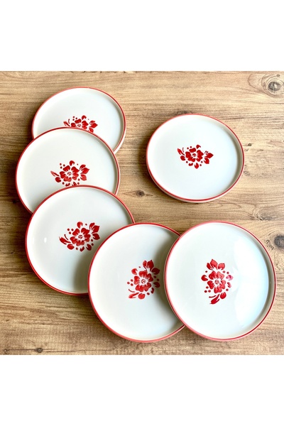 Nokta Kahvaltı ve pasta tabağı 20 cm 6 kişilik gül baskılı kırmızı fileli tok...
