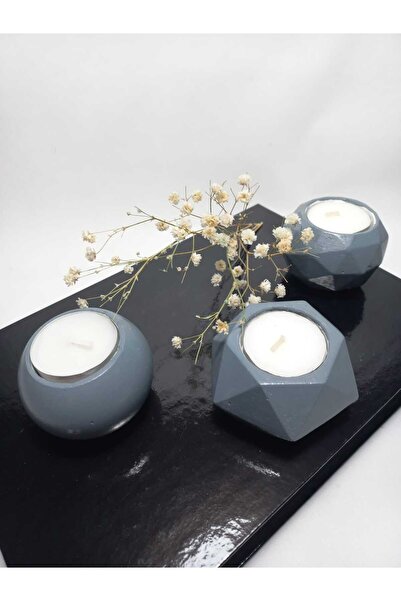 emilysamy Geometrit Desenli Gri Renk 3'lü Mumluk Set, Dekoratif Masa Sehpa Üs...