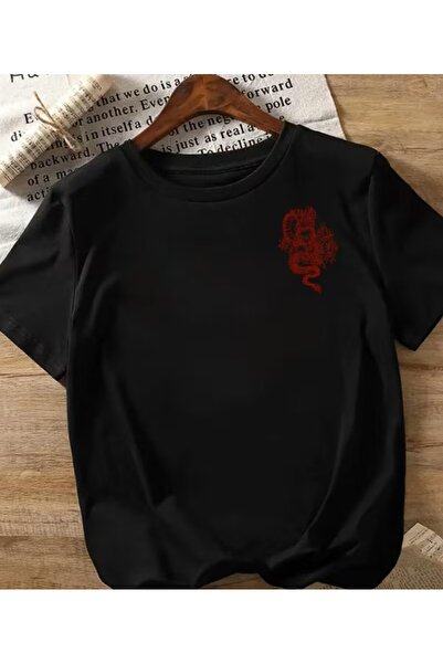 LELVANİ تي شيرت أسود للجنسين، التنين الأحمر مطبوع، ملابس كاجوال يومية بأكمام قصيرة ورقبة دائرية |