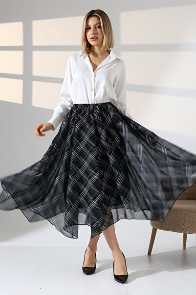 lubiti Ασύμμετρη φούστα σιφόν με καρό σχέδιο – Ελαφρύ ύφασμα και μοντέρνο σχέδιο