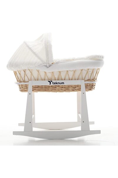 Mini Baby TEKNUM Moses Basket with Wicker, White Waffle Bedding and White Rocker Stand - Brown