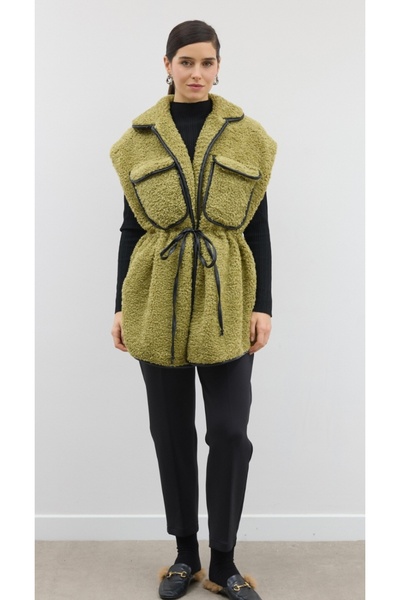 Hena Store Leather Piped Double Pocket Covered Fur Vest