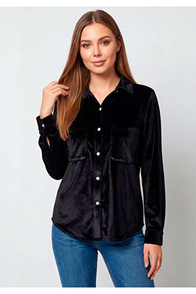 Little Visqon Cepli Düğmeli Yumuşak Dokulu Günlük Şık Kadife Gömlek