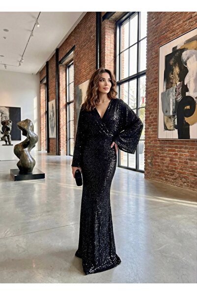 Sultan Ekşioğlu Yarasa kol payetli abiye gece elbisemiz