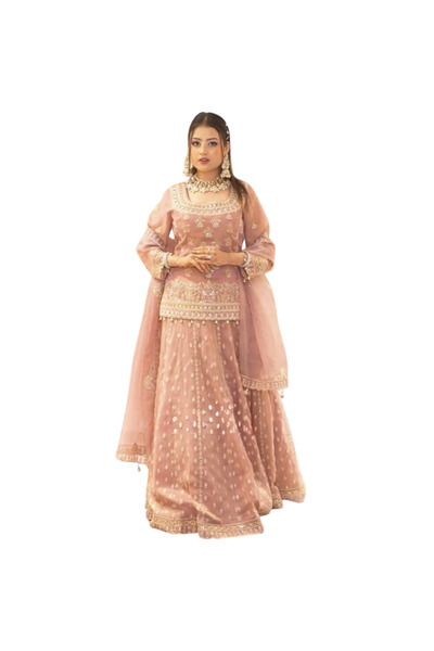MYSMAR Peach Georgette Blouse Lehanga & Dupatta Set - HRT3858 | Peach