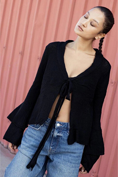 esilamoda Women's Front Tie Sleeve Detail Cardigan