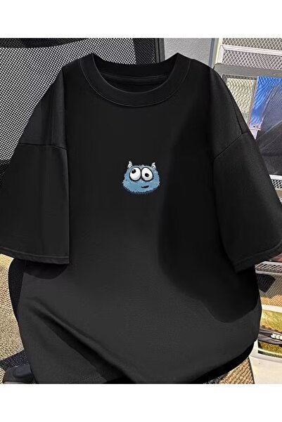 LELVANİ تي شيرت بنمط الوحش الأسود اللطيف للنساء والرجال - تي شيرت قطني،