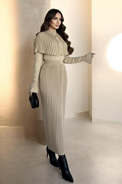 ARFANO Kadın Piliseli Triko Elbise Pelerinli Çıkarılabilir Yaka Standart bede...