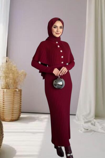 ARFANO Kadın Piliseli Triko Elbise Pelerinli Çıkarılabilir Yaka Standart bede...