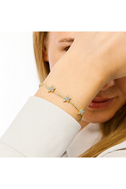 Teo Çelik Gold Yıldız Detaylı Bileklik | Zirkon Taş Detaylı Şık Kadın Bilekliği