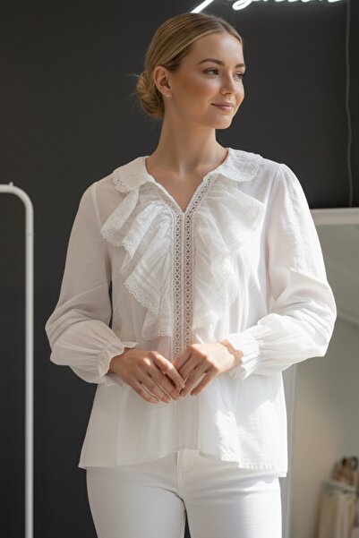 Chiccy White Lace Collar Balloon Sleeve Ruffled Casual Woven Blouse 65 55